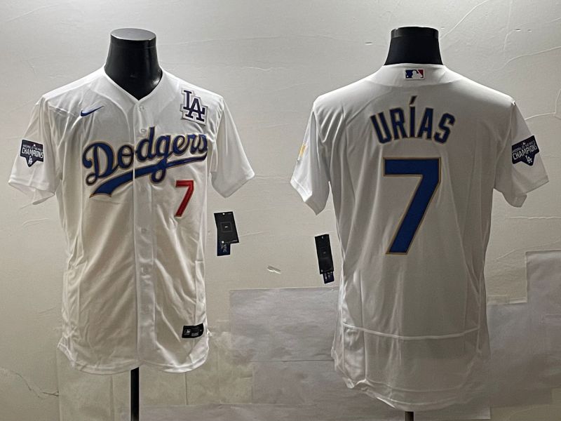 Men Los Angeles Dodgers 7 Urias White Gold Elite 2025 Nike MLB Jersey style 5